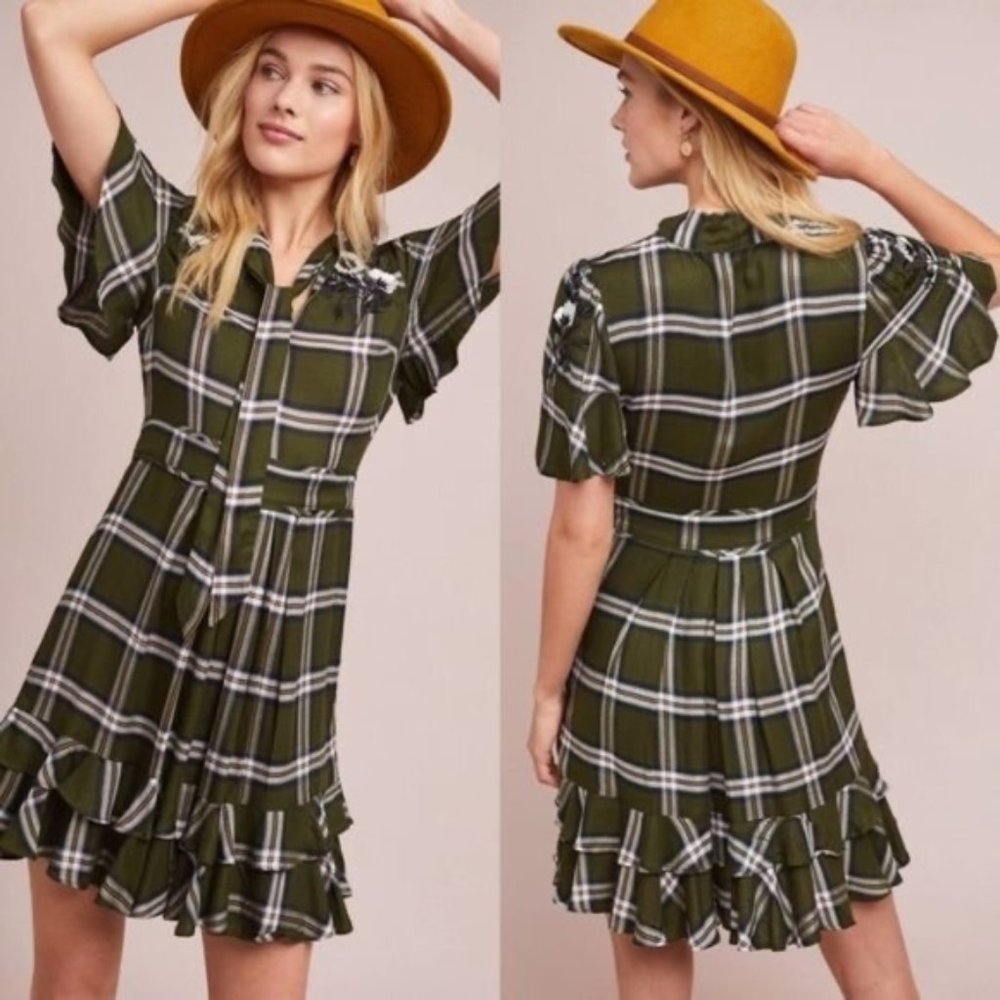 Anthropologie Ranna Gill Olivia Green Plaid Floral Embroidered Dress